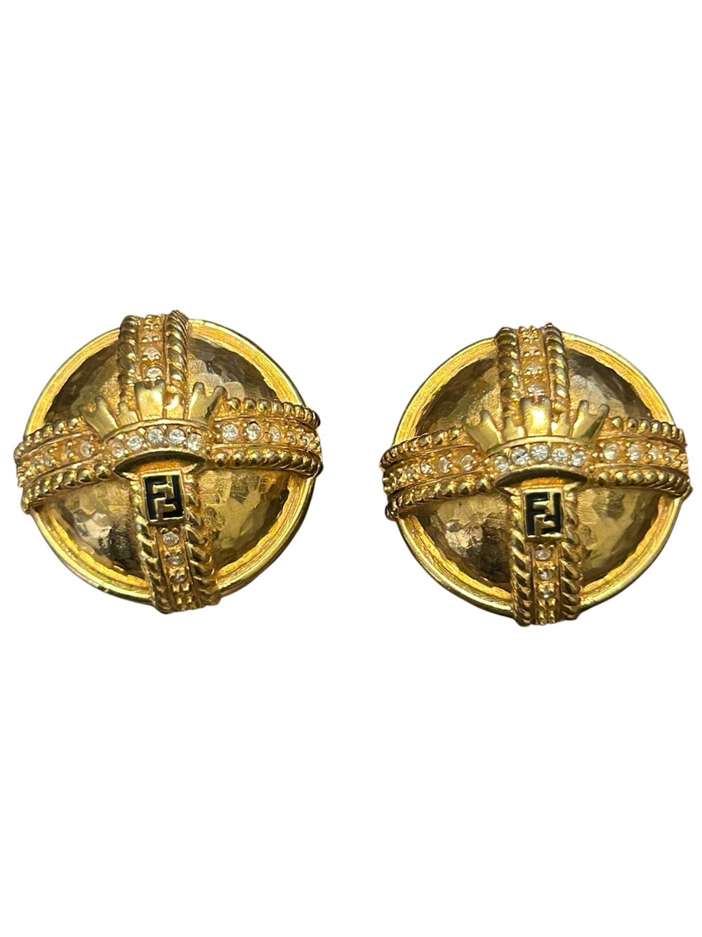 80s 90s Vintage FENDI Gold Plated Crystal Encrusted Crossband Dome Earrings